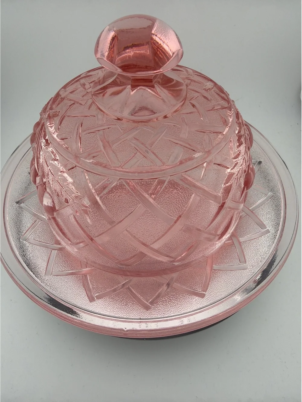 Vtg Mosser pink glass cherry lattice butter dome